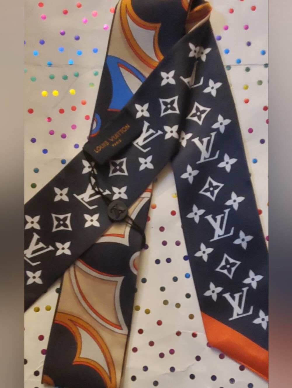 100% Silk Skinny Bag Twilly, Scarf,Hairtie;Navy, White & Orange Monogram
